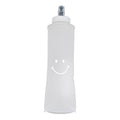 White bottle with a smiley face on a purple background