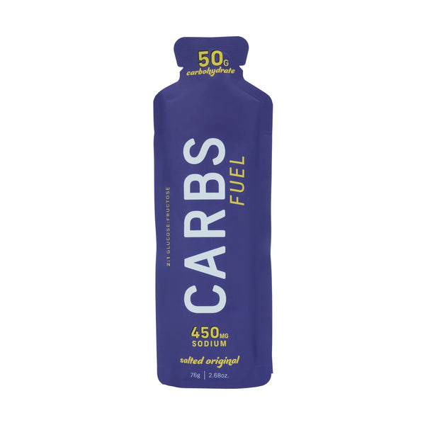 Purple CARBS FUEL Sodium gel with white and yellow text on a white background