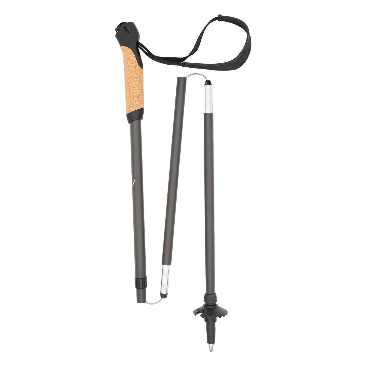 Two hiking poles with cork grips and adjustable shafts on a purple background