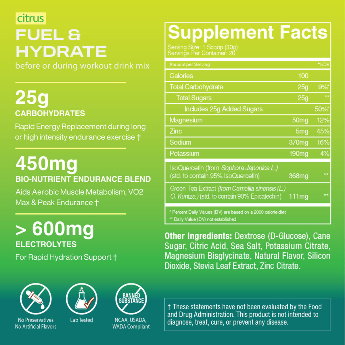 Supplement label for a drink mix with nutritional information and ingredients on a green background.