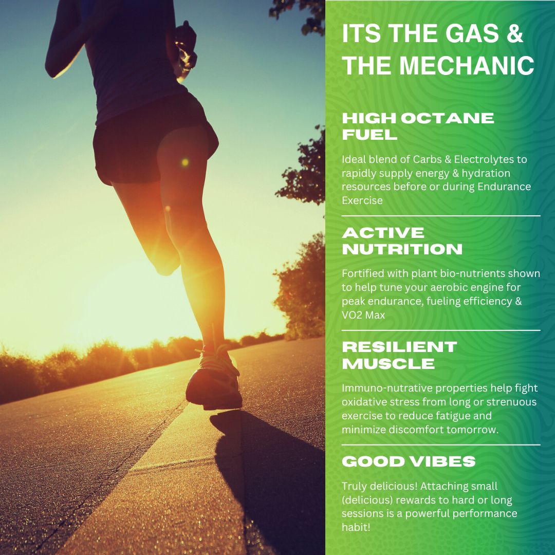 Person running on a road with a scenic background, promoting high octane fuel for endurance exercises.