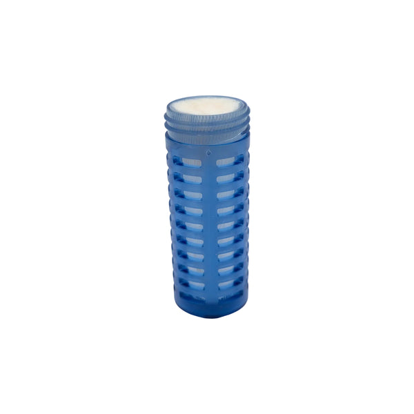 Blue cylindrical filter on a purple background