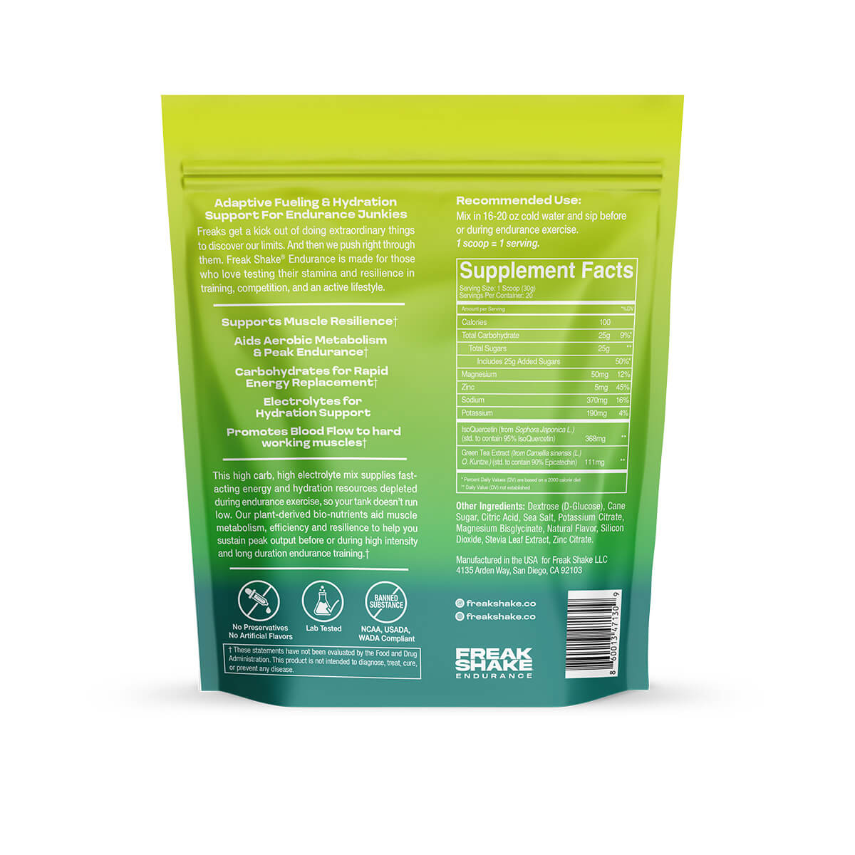Green supplement package with text and branding on a white background