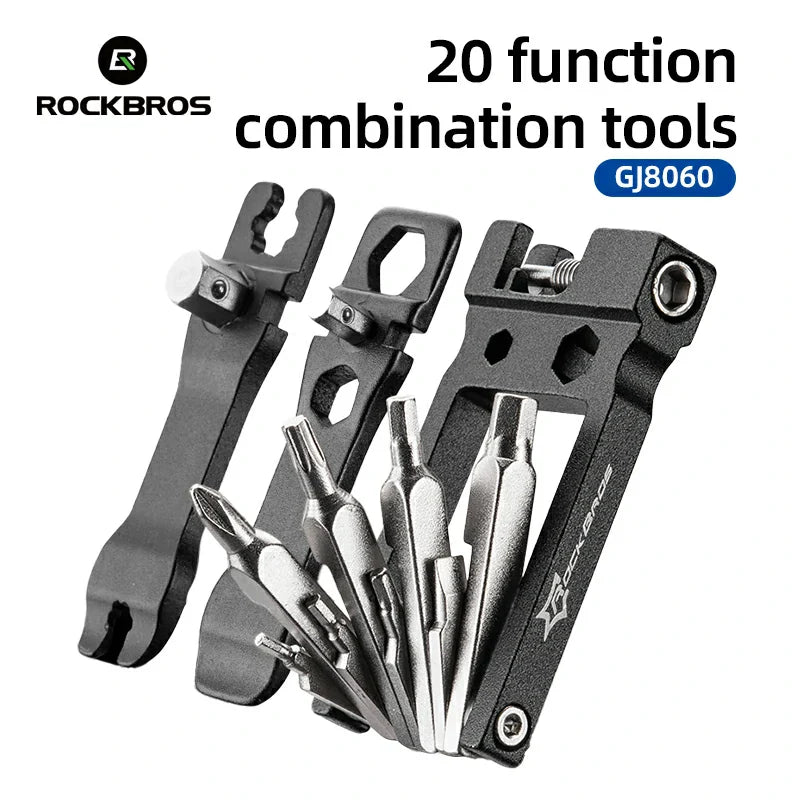 Multi-tool with various components on a white background, featuring the brand 'RockBros'.