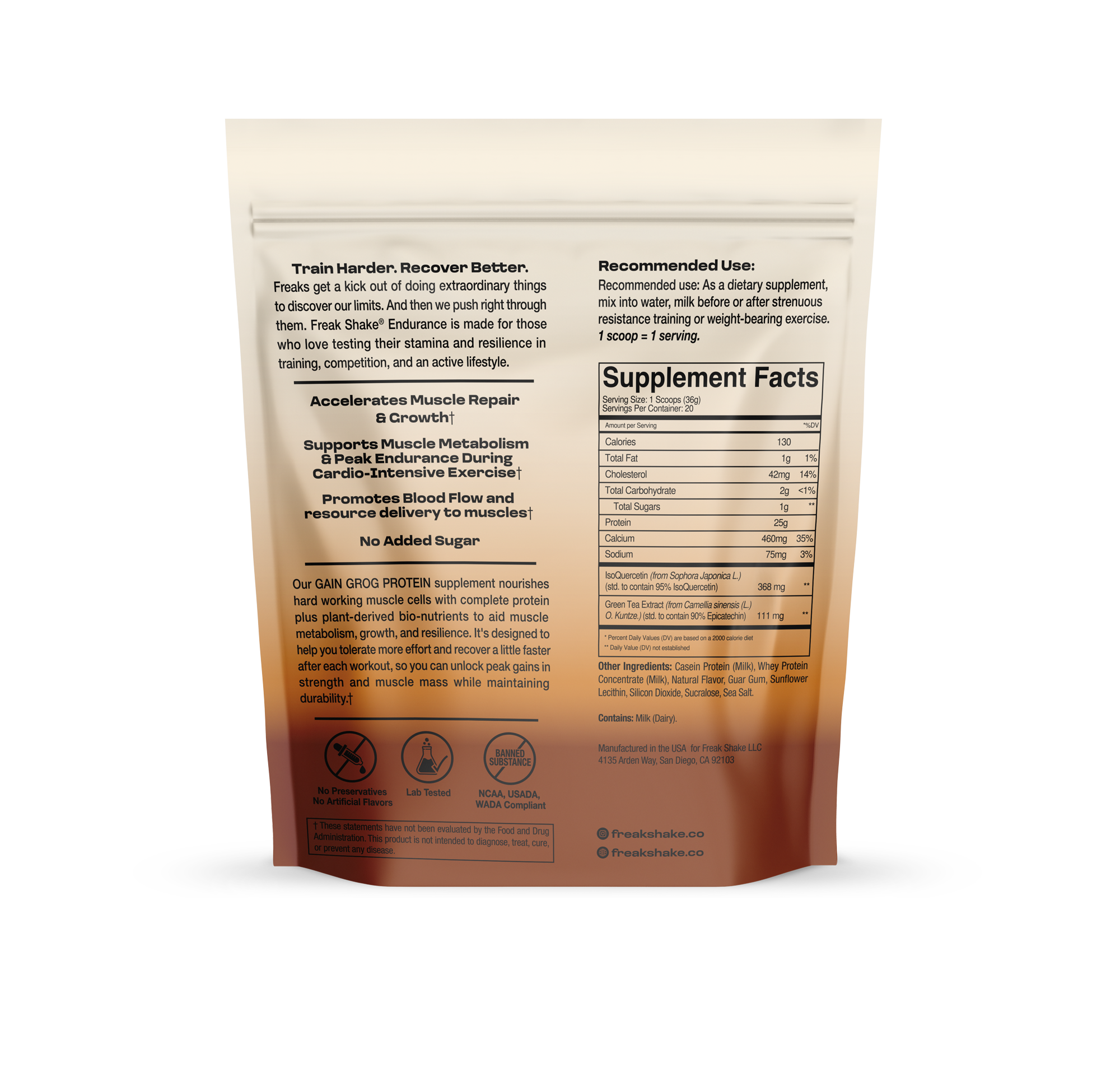 Supplement package with text and branding on a white background