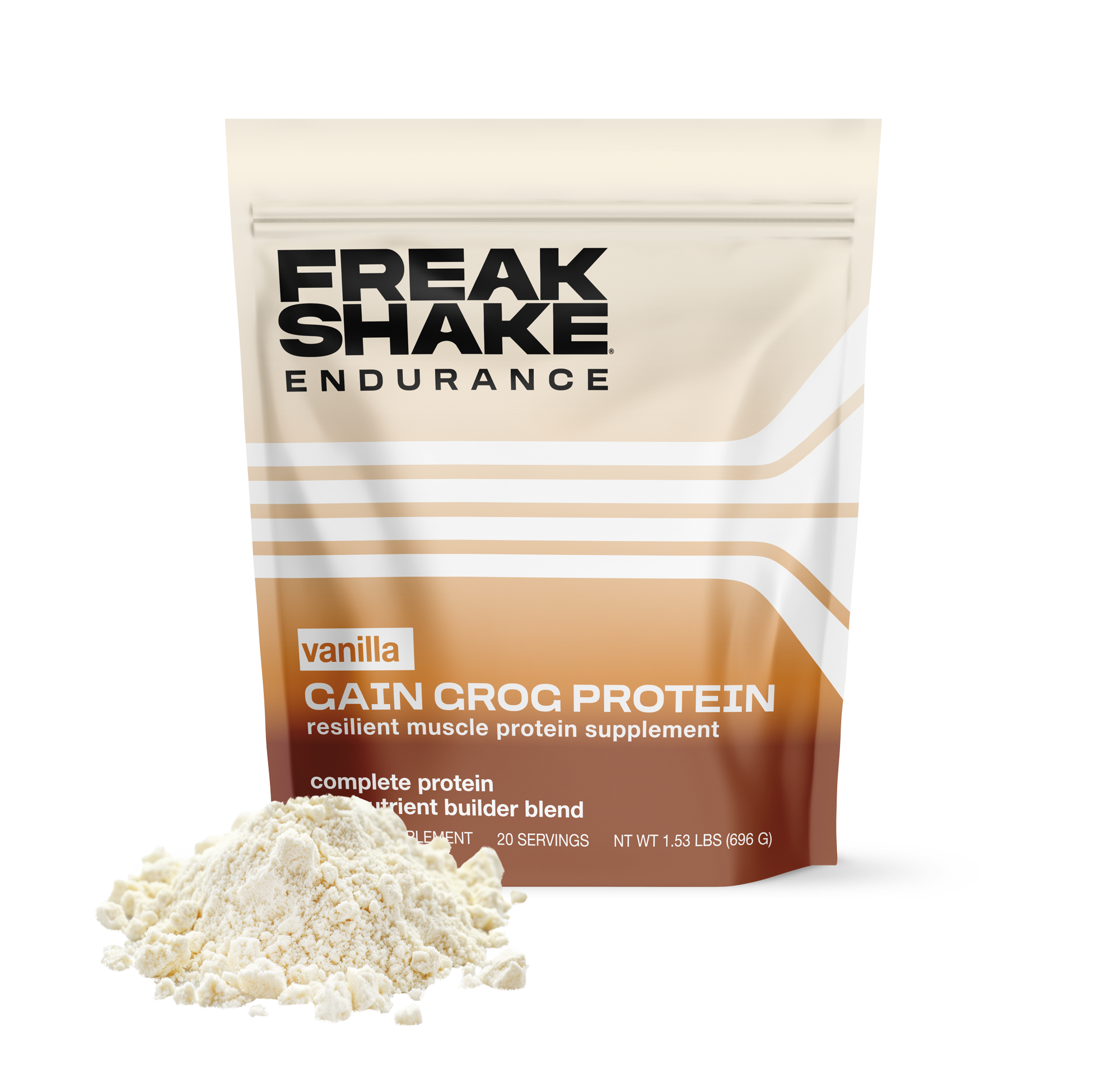 Freak Shake Endurance protein powder package with vanilla flavor on a white background