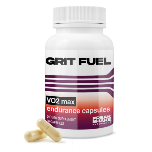 Supplement bottle labeled 'GRIT FUEL VO2 max endurance capsules' on a white background