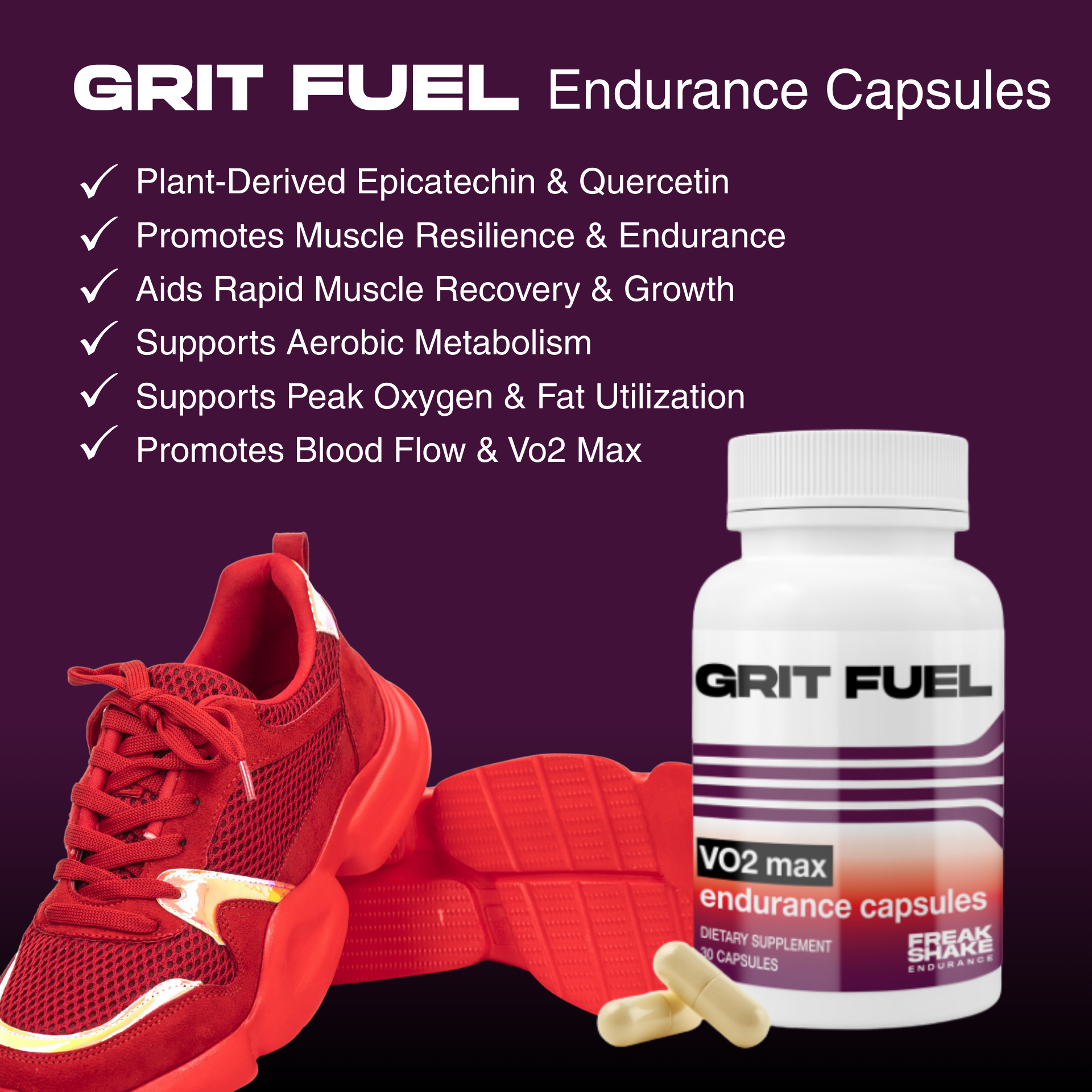 GRIT FUEL endurance capsules with a red athletic shoe and supplement pills on a dark background