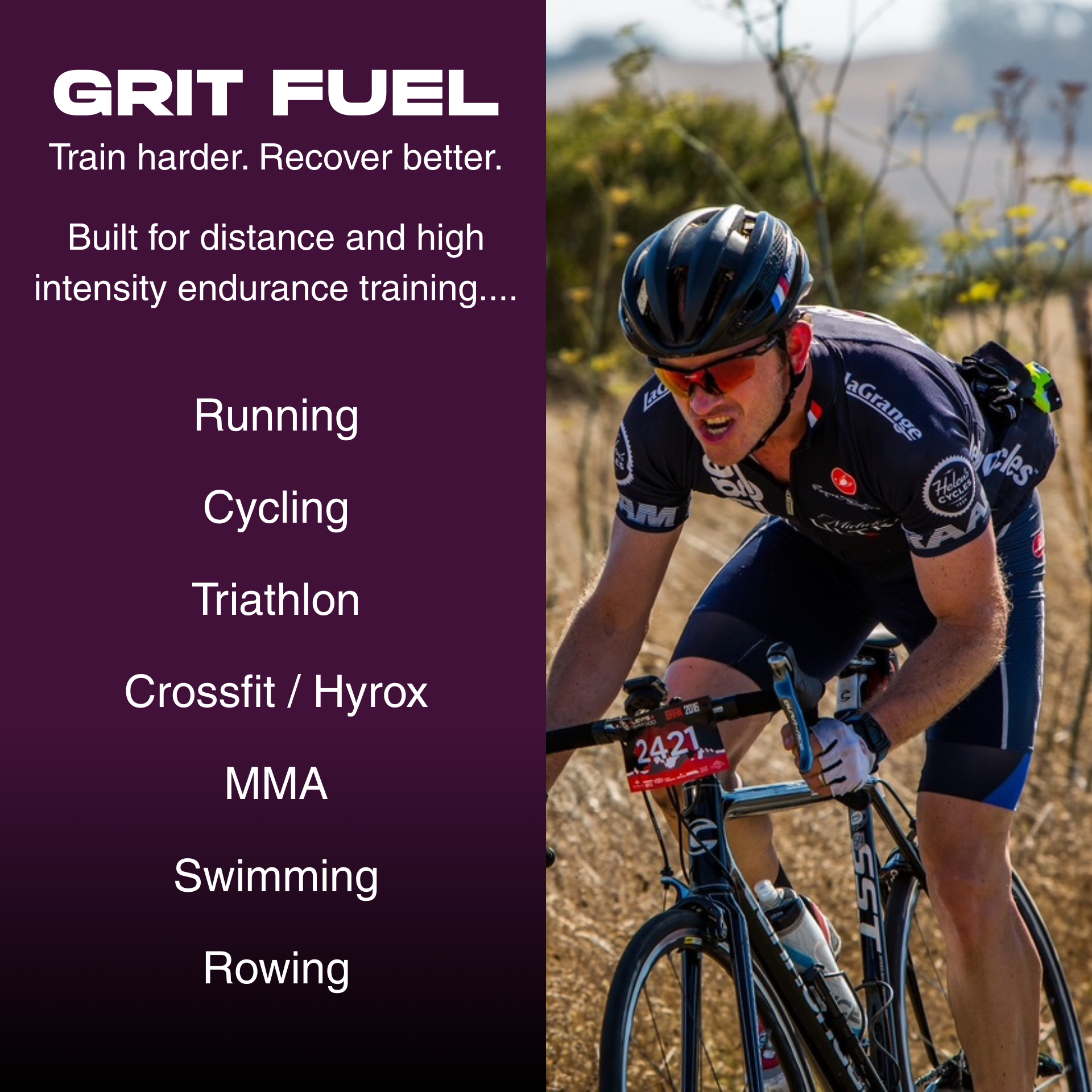 Biker on a bike with GRIT FUEL advertisement on the left