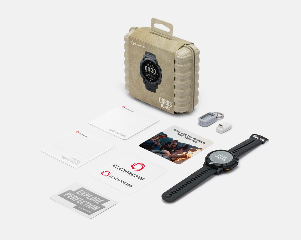 Coros Nomad packaging over white background. Watch extended over white background
