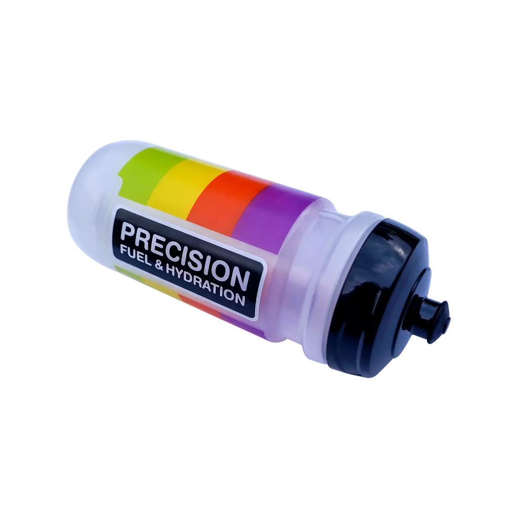 Multicolored water bottle with 'Precision Fuel & Hydration' label on a white background