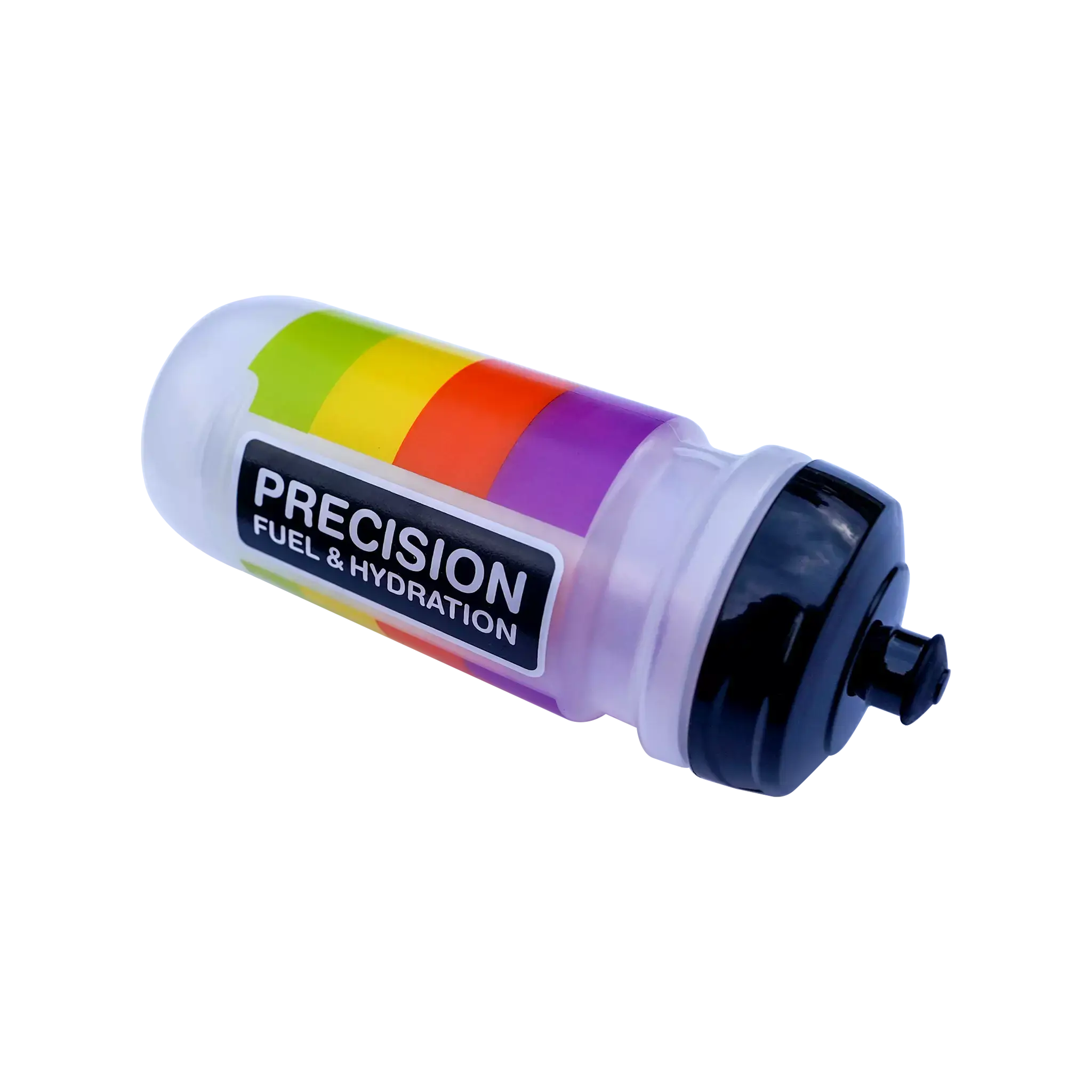 Multicolored water bottle with 'Precision Fuel & Hydration' label on a white background