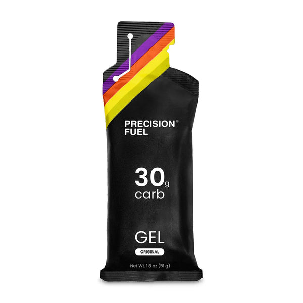 Black Precision Fuel gel package with colorful top on a white background