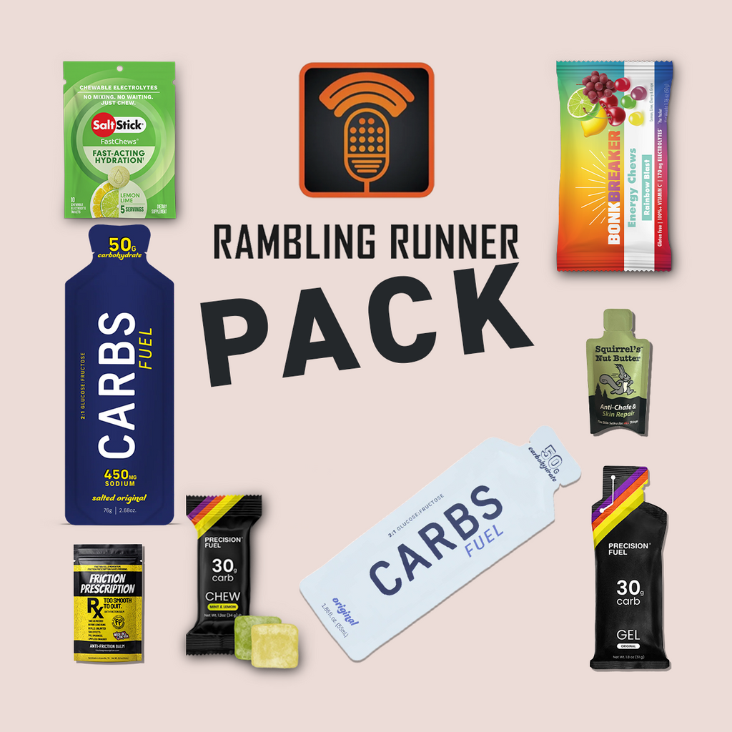 Collection of sports nutrition products with 'Rambling Runner Pack' branding on a beige background.
