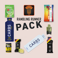 Collection of sports nutrition products with 'Rambling Runner Pack' branding on a beige background.