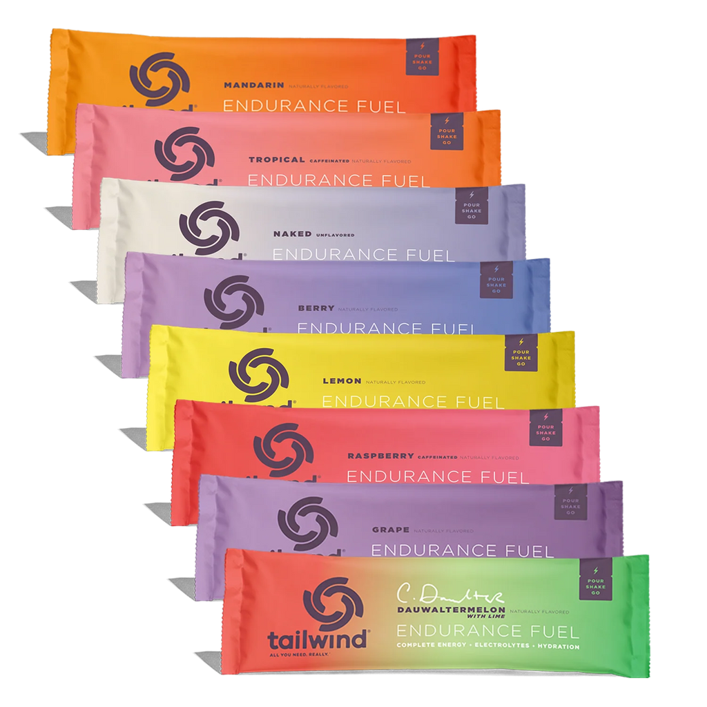 Tailwind Endurance Fuel packets in various flavors on a white background