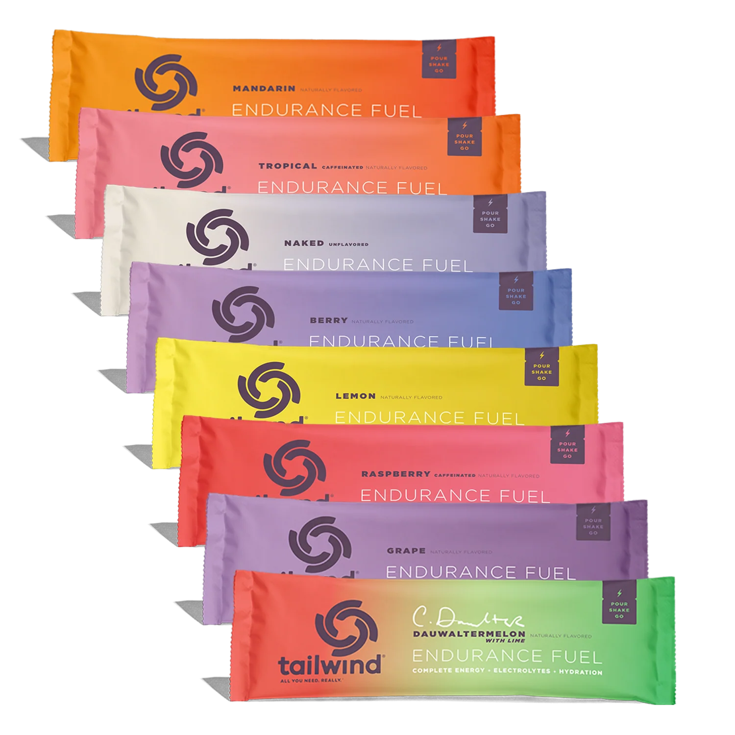 Tailwind Endurance Fuel packets in various flavors on a white background