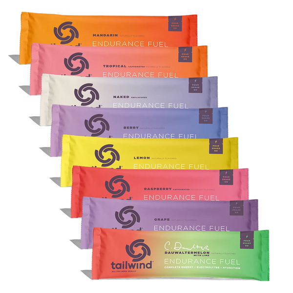 Tailwind Endurance Fuel packets in various flavors on a white background