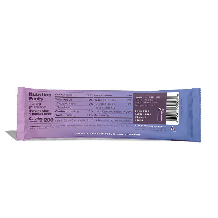 Raspberry tailwind sachet with nutrition facts label on a white background