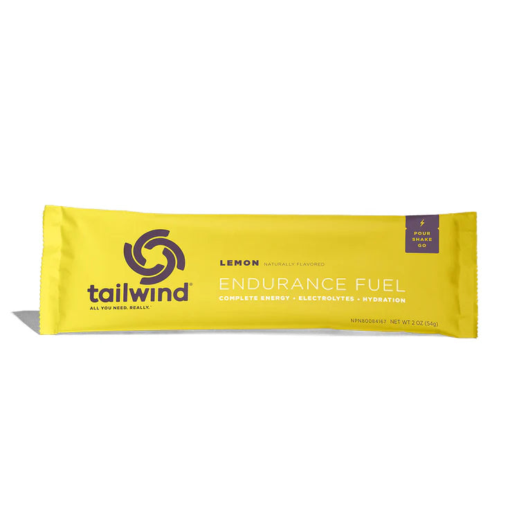 Yellow package of Tailwind Lemon Endurance Fuel on a white background