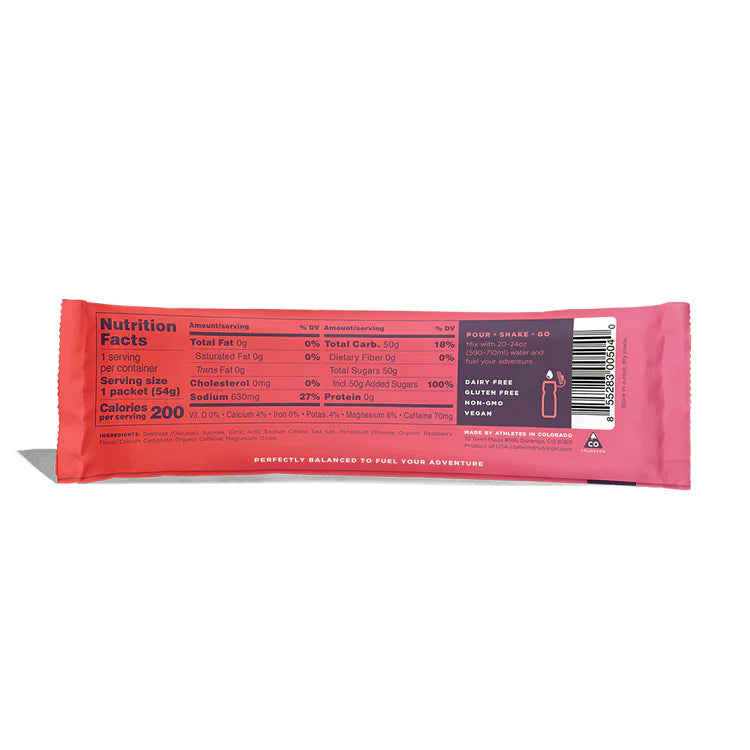 Raspberry sachet with nutrition facts label on a white background