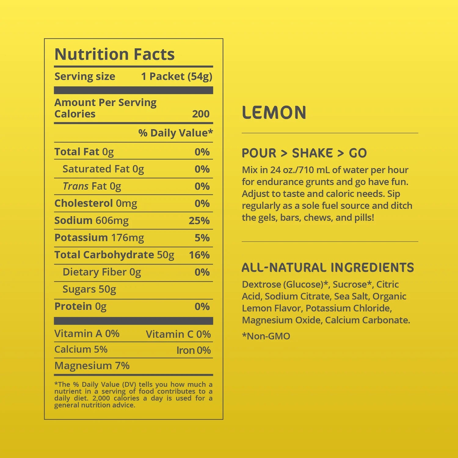 Nutrition facts label and ingredients list for a lemon-flavored product on a yellow background.