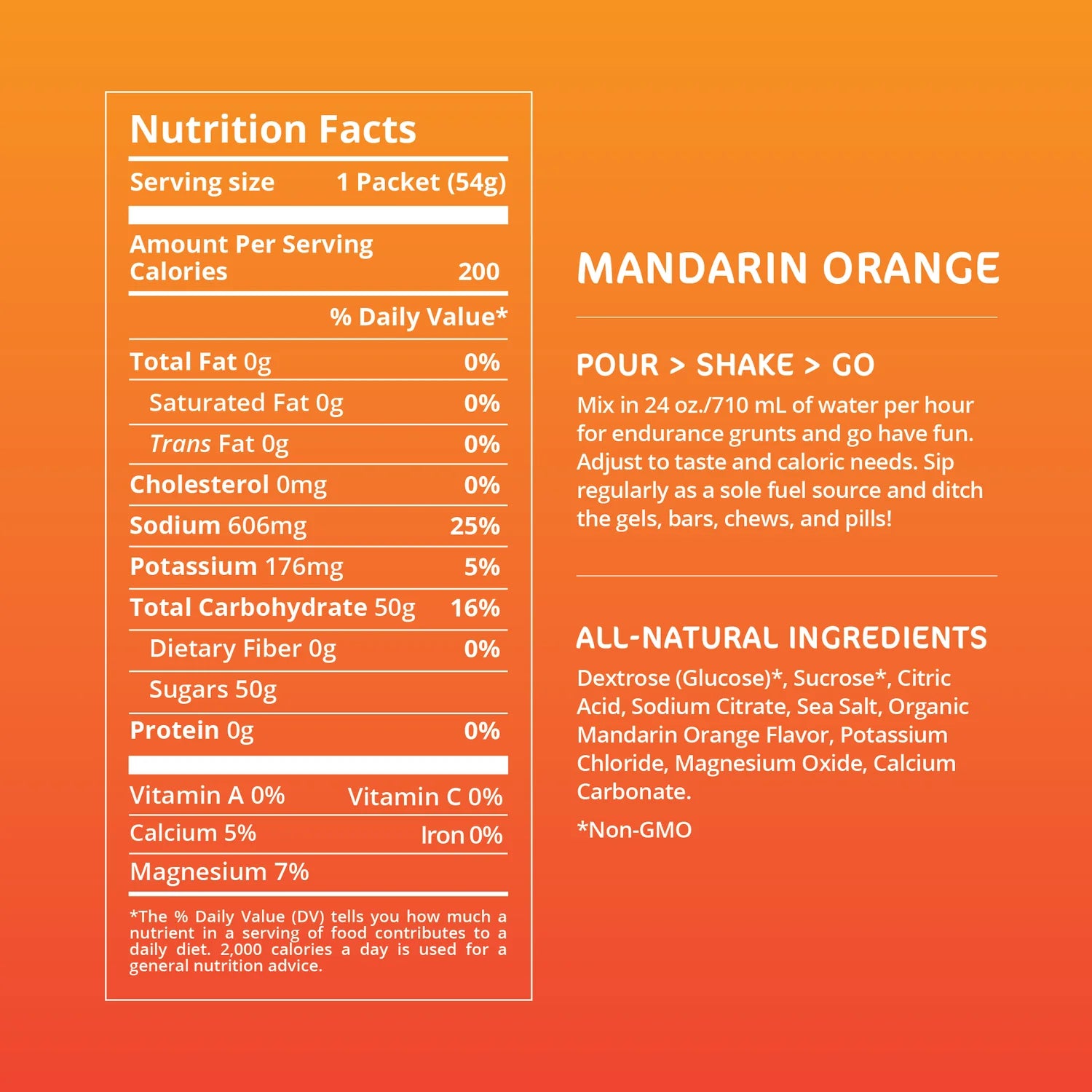 Nutrition facts label for Mandarin Orange product on an orange background