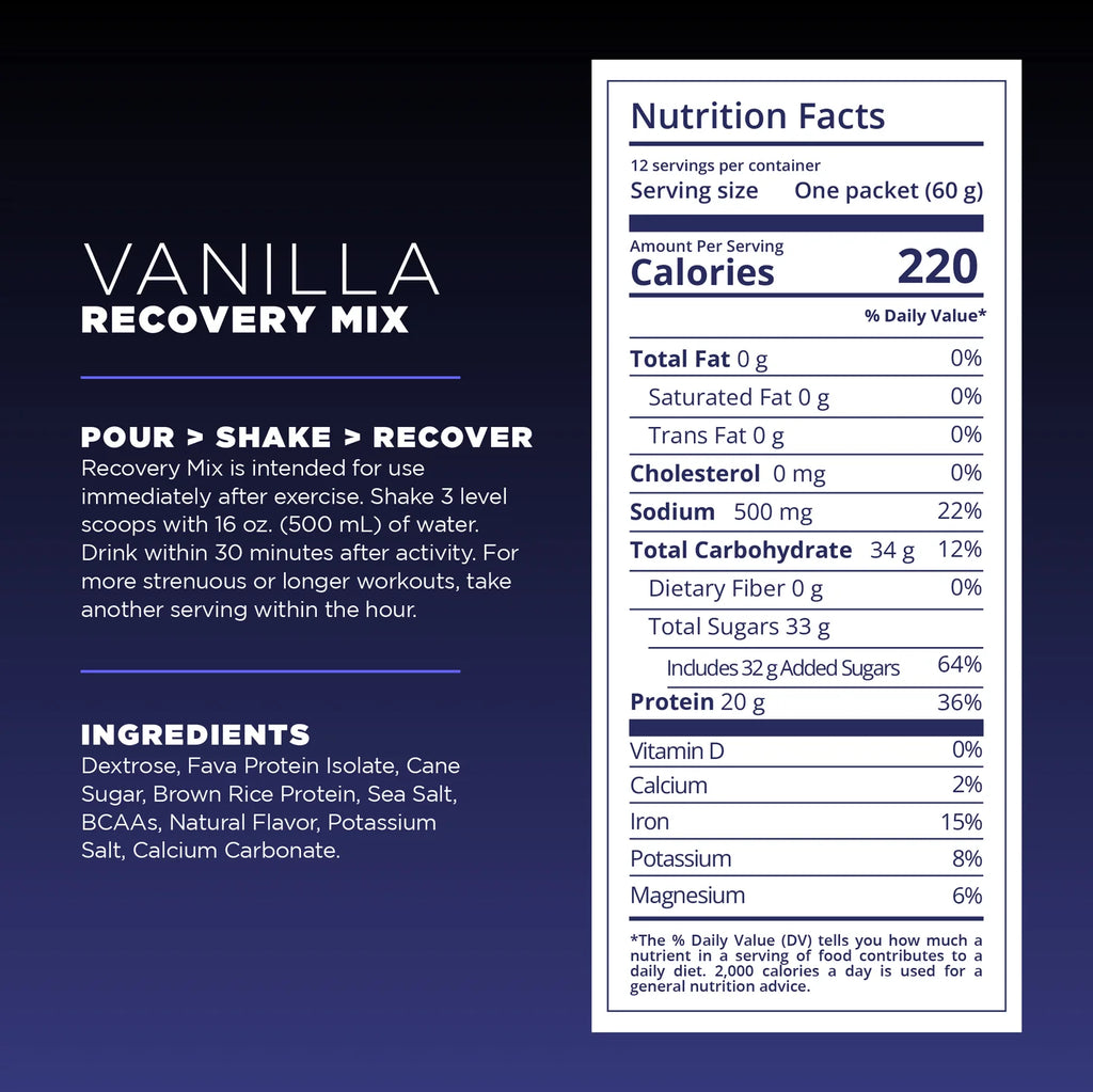 Vanilla recovery mix nutrition label with serving size, calories, and ingredients on a dark blue background.