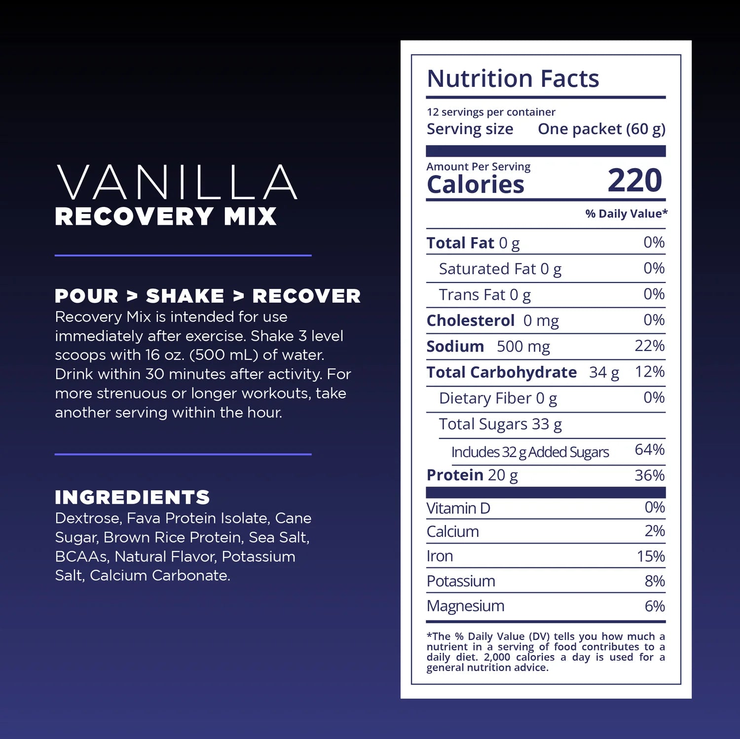Vanilla recovery mix nutrition label with serving size, calories, and ingredients on a dark blue background.
