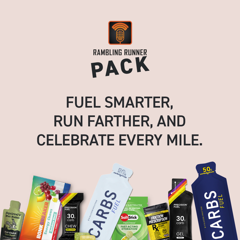 Promotional graphic for 'Rambling Runner Pack' with various energy drink packets on a light pink background.