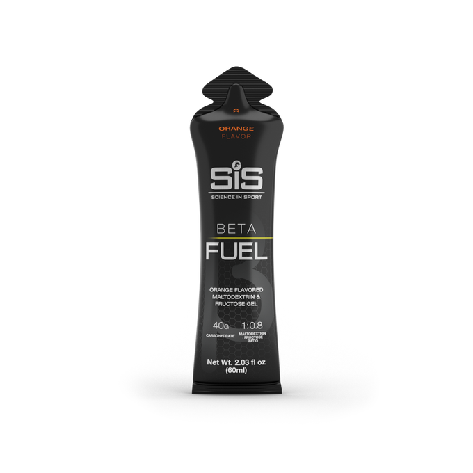 SIS BETA FUEL GEL. Orange Flavor. Black gel pack with 'SIS' branding on a white background