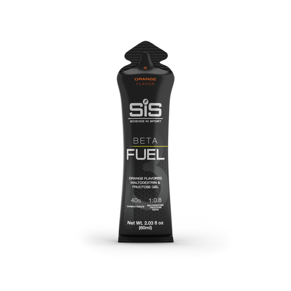 SIS BETA FUEL GEL. Orange Flavor. Black gel pack with 'SIS' branding on a white background
