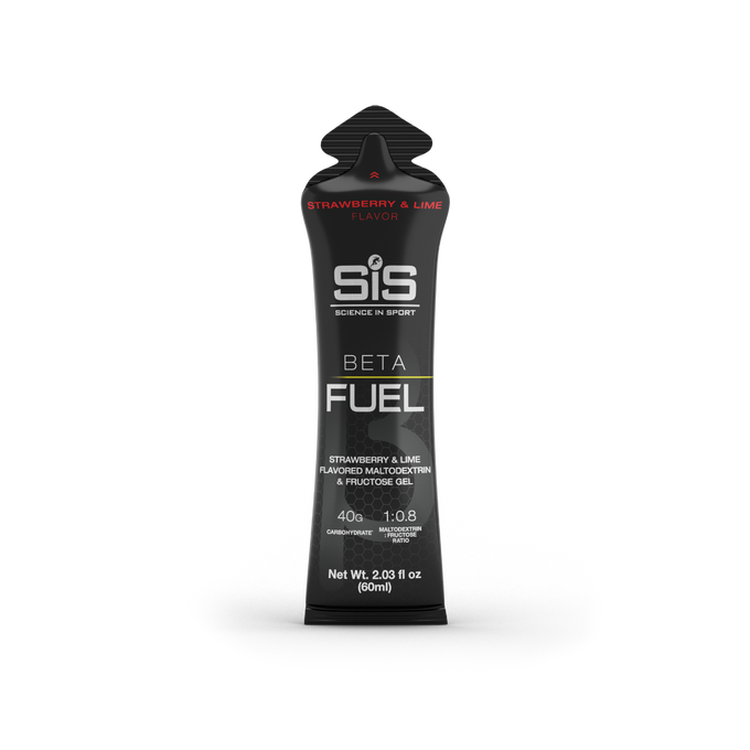 SIS BETA FUEL GEL. Strawberry & Lime flavor. Black gel pack with 'SIS' branding on a white background